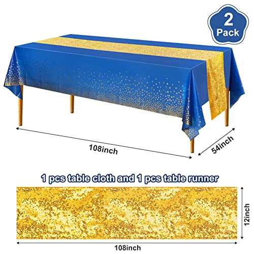 Image of Irenare 2 Pcs Blue and Gold Tablecloth and Sequin Table Runner Set Polka Dots Confetti Table Cover Dining Plastic Tablecloths Glitter Decorations for Birthday Wedding Anniversary Party Supplies