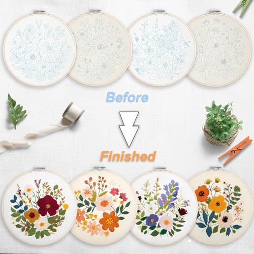 Image of Bonroy Embroidery Kit for Beginners with Instructions,Cross Stitch Kits for Adults with Pattern,Needlepoint Kits for Adult Include Embroidery Cloth Hoops Needles Threads (flowers2)