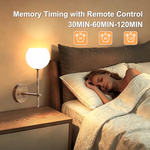 Image of Walnut Grain Battery Operated Wall Sconces Set of 2, Rechargeable Wireless Wall Lights with Milky White Frosted Glass, 12 RGB and 3CCT Dimmable, Wall Lamps with Remote for Bedroom Living Room Hallway