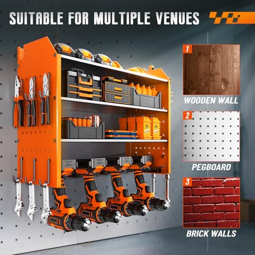 JIUNENG 4-stufiger Garagen-Werkzeugorganizer, Bohrerhalter Wandmontage, Aufbewahrung für Elektrowerkzeuge, Schwerlastregal mit Haken, Männergeschenk Orange