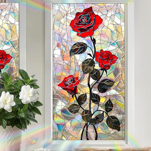 Image of Nuxovilar Gothic Halloween Dark Red Rose Window Film 17.5x39.3 PVC | Dark Rose, Gothic Cling red rose flower sticker, privacy glass wrap for bedroom bathroom party room (Dark Rose)
