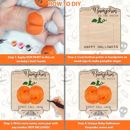 Image of Cutest Little Pumpkin in the Patch Wood Sign, Baby's First Halloween 2026 Keepsake Craft, My First Fall DIY Baby Bum Pumpkin Art Kit, Stand & Rope, Fall Baby Gift, Decor Photo Prop Milestones 03