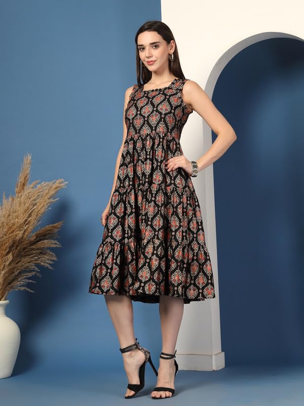 Image of Daevish Cotton Floral Printed Flared Maxi Dress for Women | Women Maxi Length Dress Black