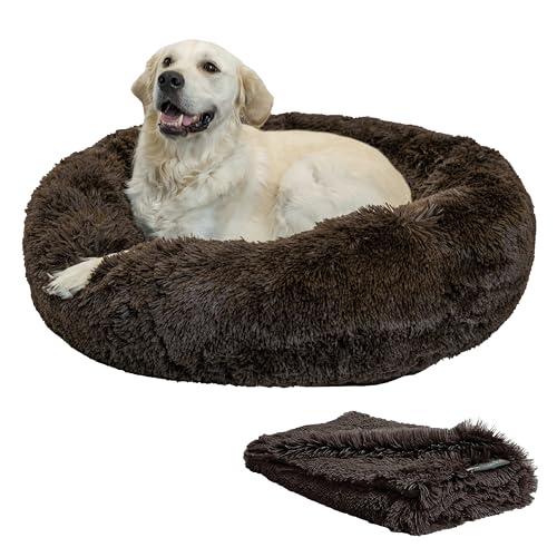 Best Friends by Sheri Bundle Set The Original Calming Shag Donut Cuddler Cat and Dog Bed + Pet Throw Blanket, Dark Chocolate, Large, 36x36