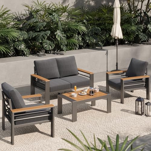 Aoxun Aluminum Outdoor Patio Furniture Set, 4 Seats Outdoor Sectional with Coffee Table, Patio Conversation Sets with Upgraded Armrests and Cushions for Backyard, Garden and Poolside