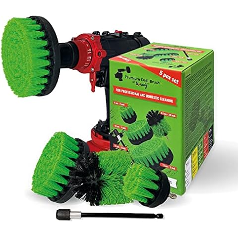 Premium Drill Brush, Medium Stiff, Green 5pcs. SET. Professional Power Scrubber. Doesn't Scratch Surfaces. Suitable for Kitchen, Stove and Oven, Cabinets, Counters, Dirty pots, Linoleum Cleaning Cover