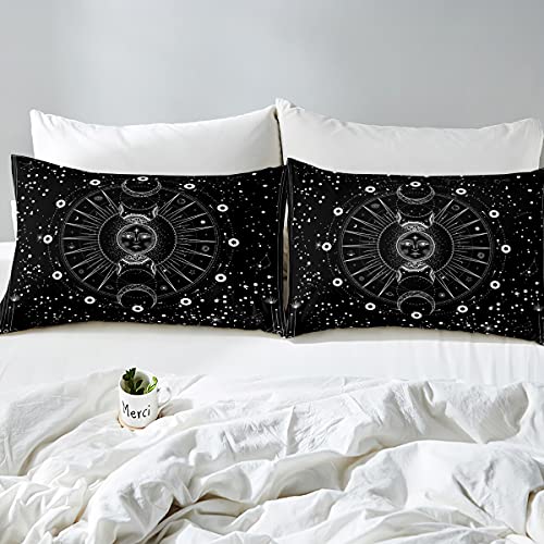 Sun And Moon Comforter Cover Set Full Size Black And White Psychedelic Constellation Bedding Set Boho Exotic Mandala Duvet Cover Set Galaxy Astrology Space Bedspread Cover Chic Mystic Star Room Decor #TOP3