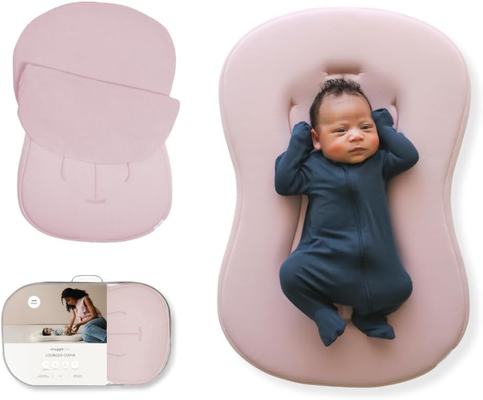 snuggle me® Baby Lounger Curve (0-6 Months) - Premium Organic Cotton with Foam Core, Machine-Washable Cover, Buttery-Soft & Breathable Infant Lounger with Travel Bag (30 in x 20 in x 1.9 in) - Petal