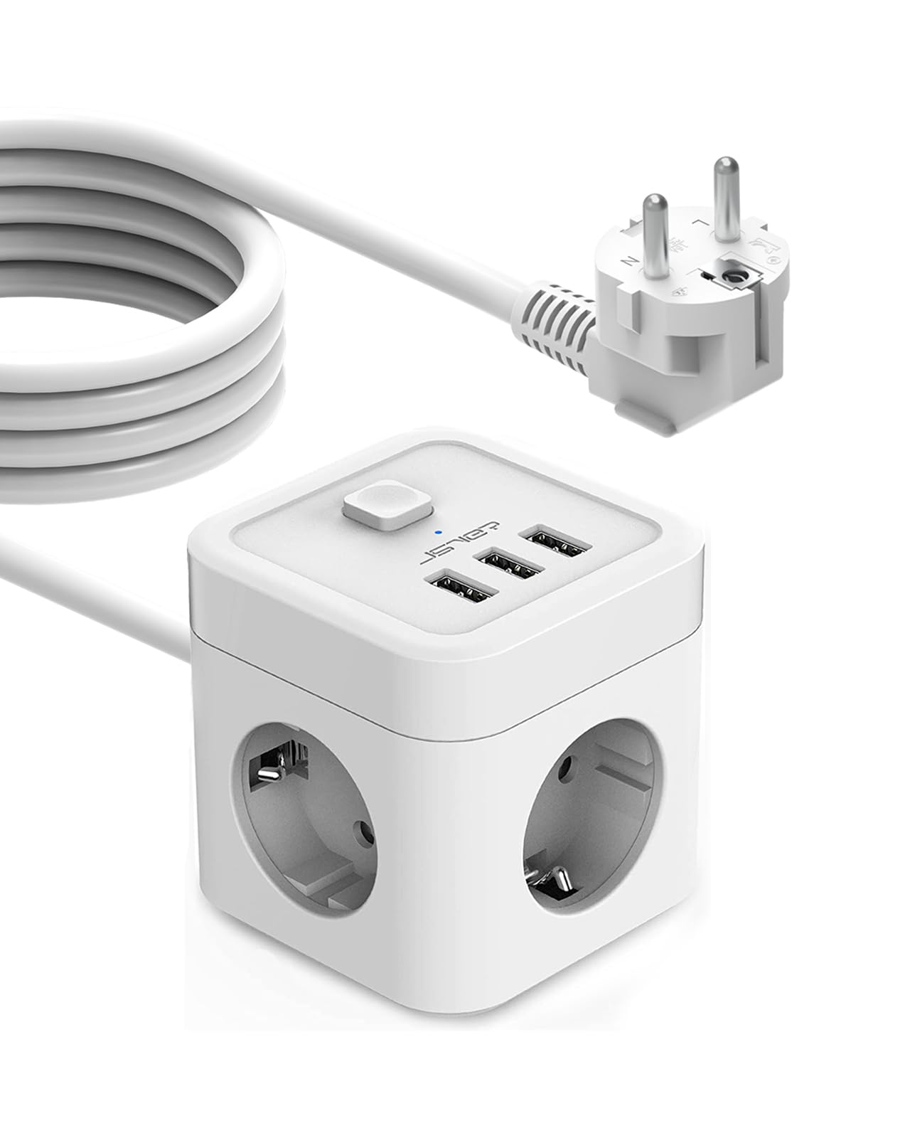 JSVER Steckdosenwürfel 5M Steckdosenleiste 3 Fach mit USB,Überspannungsschutz mit 3 USB Ladegerät (15,5W) Mehrfachsteckdose(3680W) mit Schalter für Büro, zu Hause oder auf Reisen-Weiß