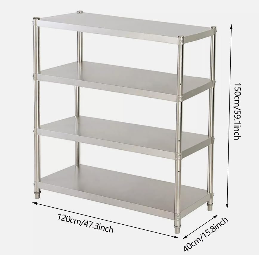 Estantería de acero inoxidable para cargas pesadas, estantería de cocina, 4 baldas, para la cafetería, al aire libre, lavandería, tienda, plateado, 120 x 40 x 150 cm
