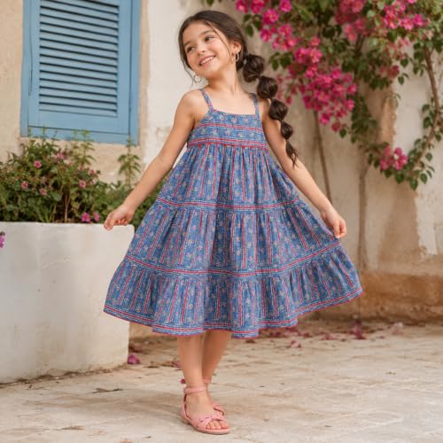Image of The Magic Wand Kids Girls Printed Cotton Summer Dresses, Knee Length Sleeveless Casual Western Stylish One Piece Fit & Flared Frock for Beach & Vacations