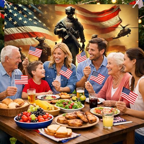 Image of BlissYard 4th of July Banner Patriotic Military Soldier Backdrop 71 x 43 Inches American Flag Fireworks Decorations Banner for Outdoor Yard Party Memorial Day Veterans Day Independence Day Decor