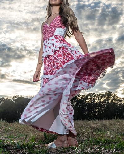 Image of Women Y2k Floral Smocked Maxi Dress Bow Tie Shoulder Tiered Ruffle Midi Sun Dress Boho Casual Beach Long Dresses