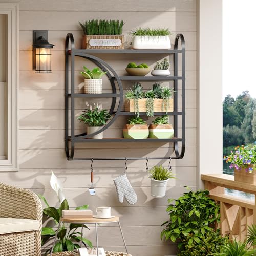 Image of HOOBRO Gaming Floating Shelf with LED Lights, 28.9 inch LED Wall Mounted Shelf, 5-Tier Display Rack for Wall Storage, Floating Rack with Hanging Rod and 4 S-Hooks, Rustic Brown and Black BF50DBJ01
