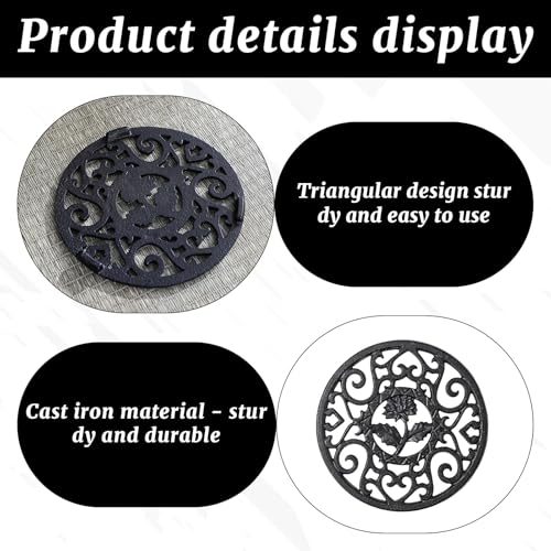 11.5CM Round Cast Iron Trivet Tea Pot Carved Stand,Cast I ron Tripod,Delicate Vintage Pattern Round Cast I ron T rivet Tea Pot C arved Stand,C arving Teapot T rivets With Peg Feet (Black) - Image 2