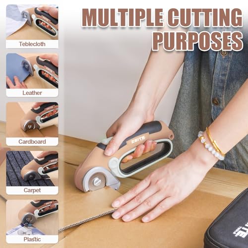 Image of ZEITE 4V Cordless Electric Scissors Cardboard Cutter with 2 Blades,Storage Case,Rotary Cutter for Box Plastic Carpet Fabric, Easy to Hold and Safe,Mocha
