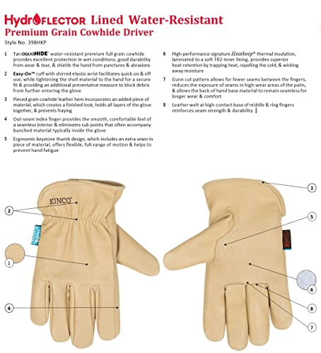 Kinco Premium Grain Cowhide Leather Glove - Hydroflector Thermal Lined Water-Resistant - Durable, Anti Fatigue, Comfortable - Farm, Construction, Snow Removal, Ranch, Cross Country Skiing - Medium #TOP4