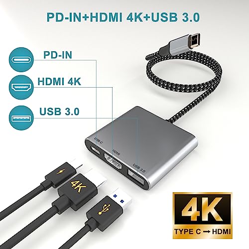 Image of Battony USB C Multiport AV Adapter with 4K HDMI Output USB 3.0 Port, 50cm Braided Cable & USB-C Fasting Charging Port,Compatible for MacBook Pro Air M1 M2 Pad Pro iMac and Other Type C Devices