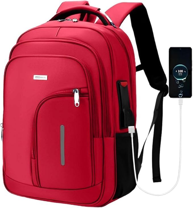 Mochila Masculina Reforçada Executiva Grande Mochila para Notebook Trabalho Viagem Escola com Cabo de Aço Impermeável Antifurto com Saídas USB/Fone de Ouvido Unissex (Vermelho)