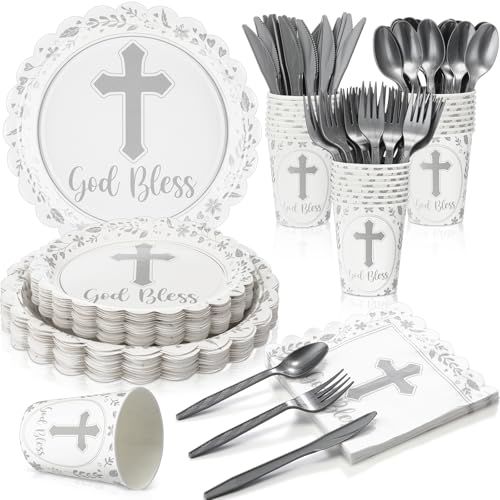 Zhehao 25 Sets Baptism Plates Napkins Party Supplies, White