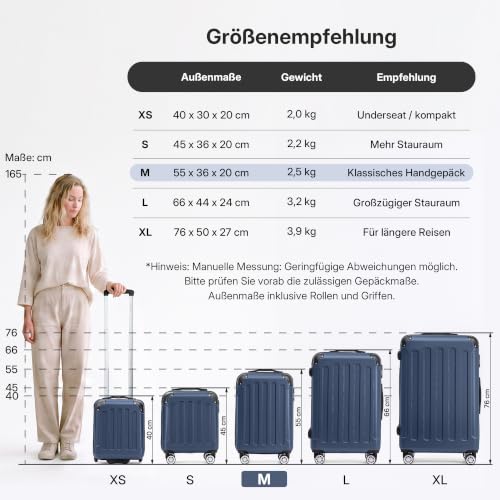 BEIBYE Handgepäck Koffer M 55 cm – Kabinenkoffer aus ABS, leicht, 360° Doppelrollen, Reisekoffer für Kurzreisen, Dunkelblau – Ansicht 3