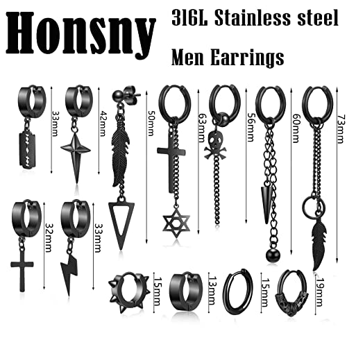 Honsny Black Dangle Mens Earrings, 24 Pcs Surgical Stainless Steel Punk Silver Cross Earrings For Men Women Huggie Hoop Long Chain Piercing Feather Stud Men Boys Earring Cool Black Earrings Set #TOP4