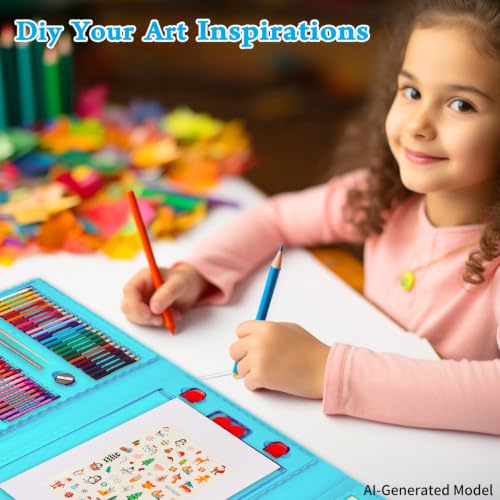 Image of KINSPORY Art Set for Kids, 290 Pack Double-Side Easel Drawing Kits (Blue) | Creative Gift, art & crafts supplies, Coloring, oil pastel, crayon, colored pencil, watercolour pen, Beginner Artist Girl Boy