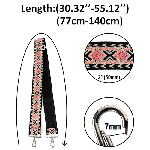 Image of Black Dusty Pink Boho Diamond Purse Strap with Silver Hardware 2 Inch Wide Replacement Crossbody Guitar Style Shoulder Strap for Handbags Totes