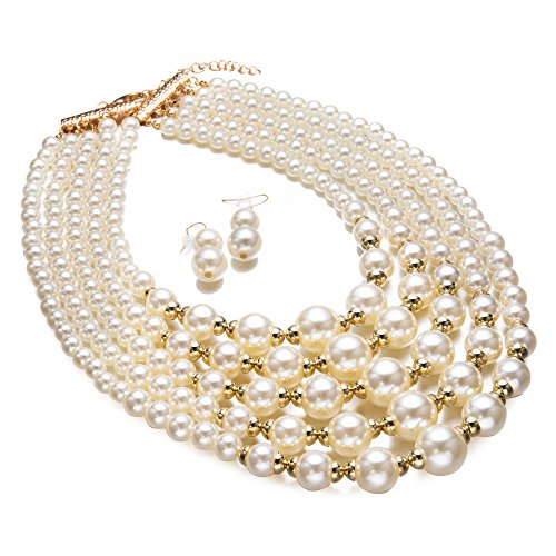 Yuhuan N3110 Women Elegant Pearl Jewelry Bead Cluster Collar Bib Choker Necklace And Earrings Set thumb #4