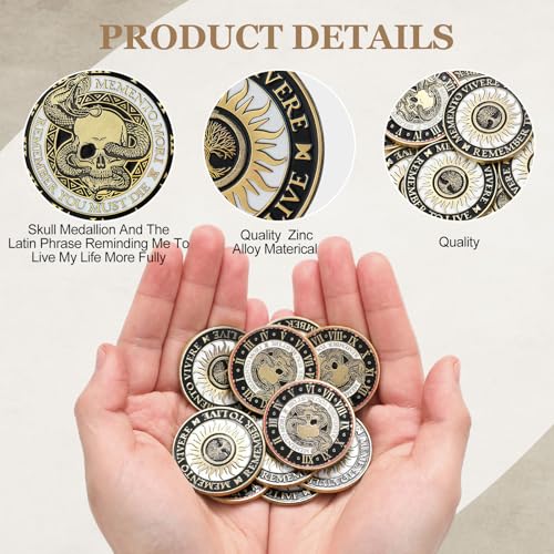 Image of Misdary 10 Pcs Souvenir Coin Mori Memento Vivere Reminder Token Metal Skull Challenge Coin Locket Stoicism Gift Challenge Reminder Pendant for Daily Practice Stoic (Gold Style