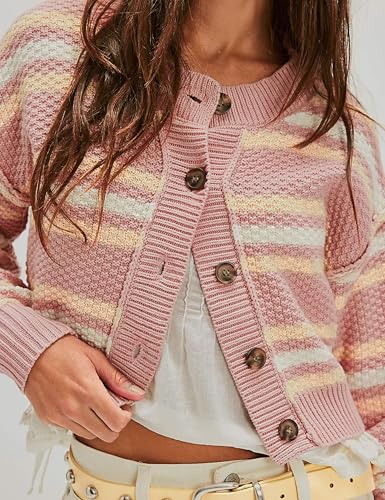 Zontroldy Womens 2025 Spring Fall Casual Cropped Cardigan Button Front Solid Color Striped Long Sleeve Tops Sweaters2