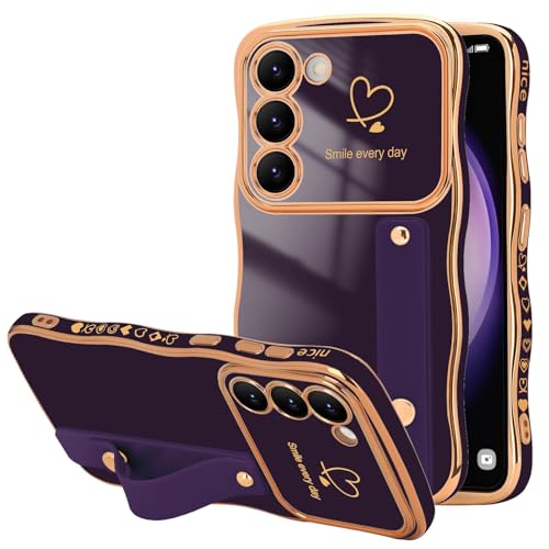 LLZ.COQUE - LLZ.COQUE for Samsung Galaxy S23 Case, Love-Heart Curly Wave Frame with Luxury Gold-plated Design Phone Case, Adjustable Hand Strap Stand Shockproof Bumper Cover for Girls Women, Dark Purple - -20%