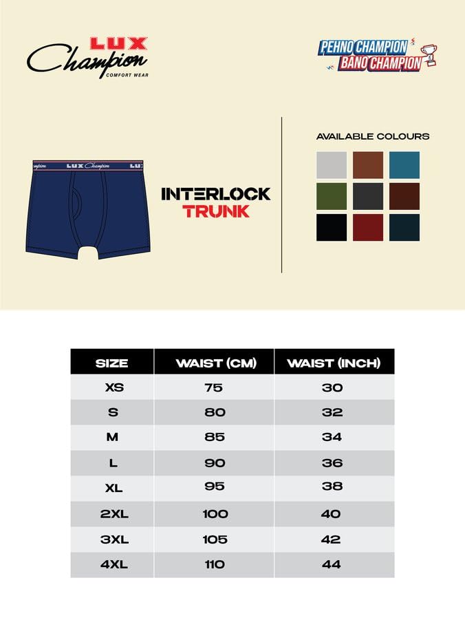 Image of Lux Champion Men's Interlock Trunk | 100% Super Combed Cotton | Breathable, Light & Comfortable Lux Underwear | Pack of 3 (Color May Vary)