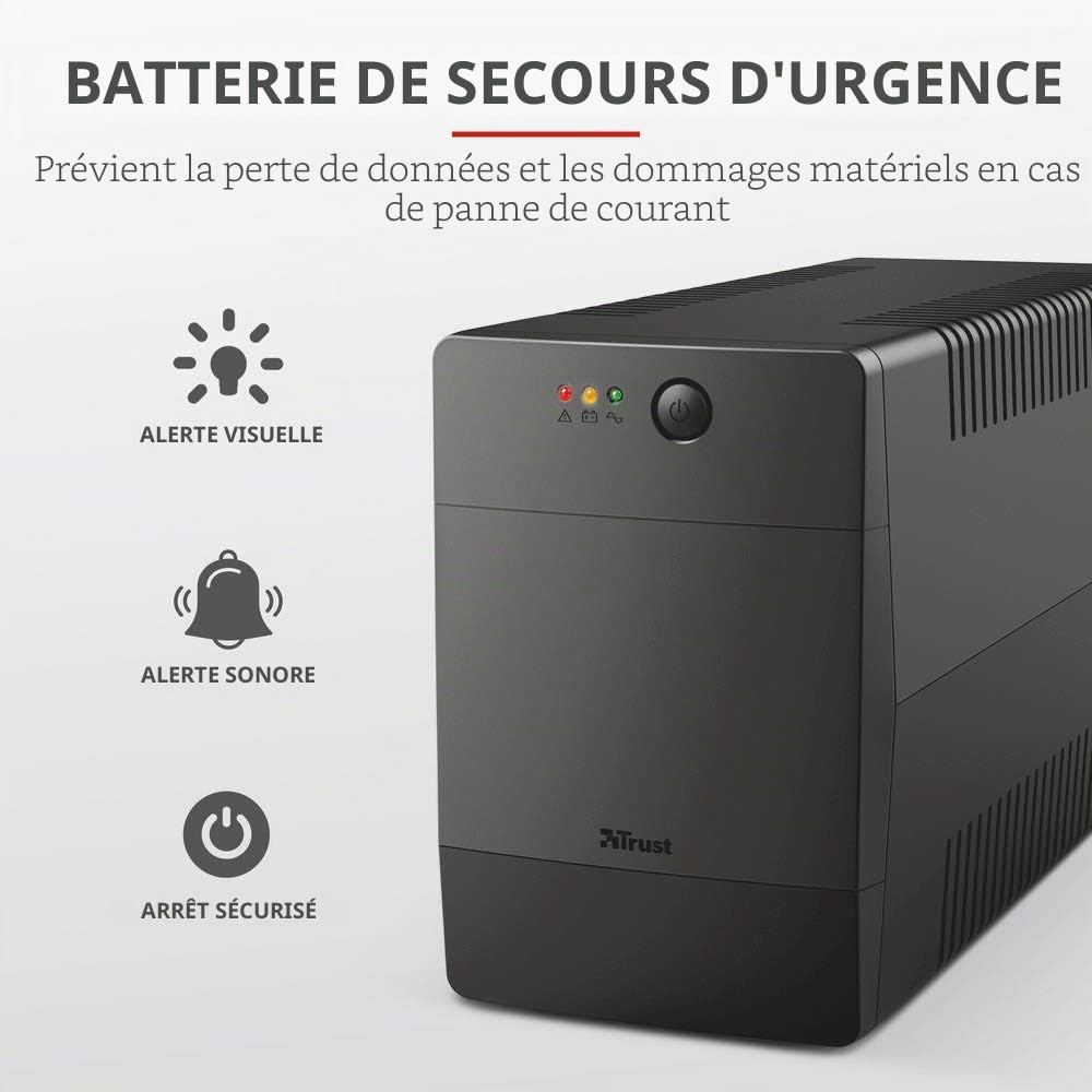Trust Paxxon UPS Onduleur PC 1500VA, Fonction AVR 230V, Alimentation d'énergie Non Interruptible pour Ordinateur, 4 Prises Schuko, Batterie avec Protection Intégrée Contre Les Surcharges - Noir