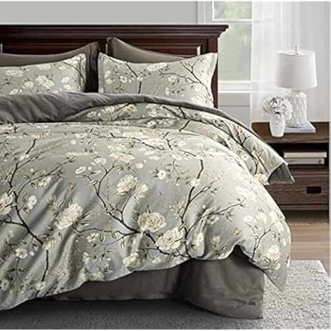 Eikei Cottage Bloom Garden Duvet Cover Set French Country Provincial Chic Floral Birds Bedding Peony Blossom Tree Branches (Grey Olive, Queen) Cover