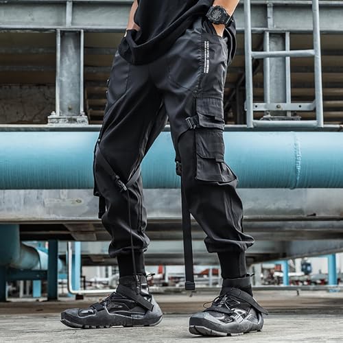XYXIONGMAO Men's Black Streetwear Trousers Goth Sweatpants Techwear Hip Hop Multi-Pocket Cargo Pants with Straps for Men2