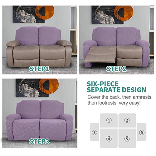 Image of YEMYHOM 6 Pieces Stretch Loveseat Recliner Slipcover Jacquard Recliner Sofa Cover with Side Pocket Fitted Recliner Cover Couch Furniture Protector with Elastic Bottom (Loveseat Recliner, Light Purple)
