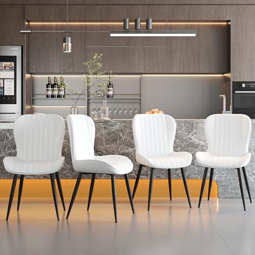 YUN.DREAM Dining Chairs Set of 4,White Leather Dining Chair Upholstered,Kitchen Chair,Modern Dining Room Chairs with Black Metal Legs Frame for Restaurant,Dining Room,Cafe