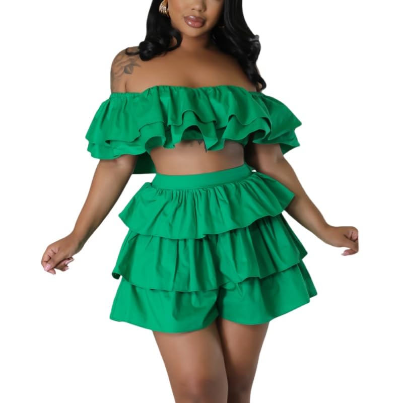 LCDIUDIU Conjunto Mujer Vestir Dos Piezas,Conjunto De 2 Piezas para Mujer,Sexy De Verano,Color Rojo Rosa,Multicapa,con Volantes Y Hombros Descubiertos,Top Corto Bandeau Elástico Y Pantalones Cortos