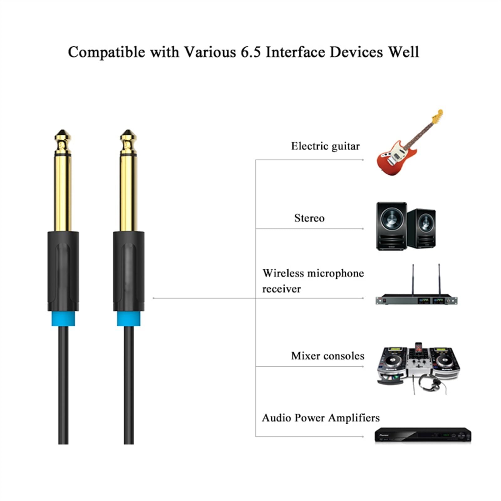akcesoria do gitary 6.5mm Jack Kabel Audio 6.35 Jack Męski Na Męski Kabel Do Wzmacniacz Gitarowy Mikser Bass (Color : 3m)