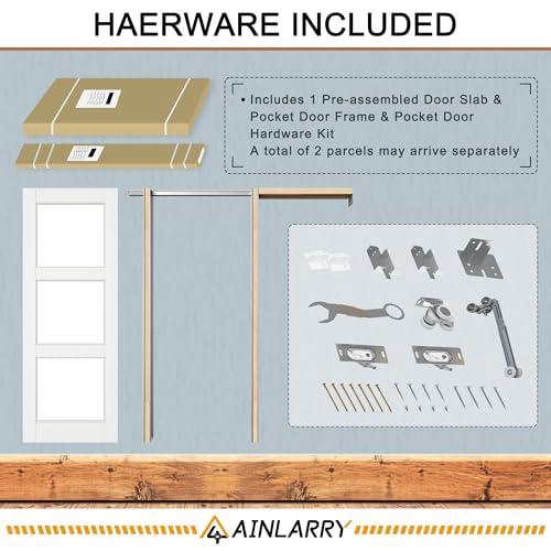 Image of 32 inch x 80 inch 3-Lite Clear Glass Pocket Door, Soft-Close Sliding Pocket Door with Frame & Hardware Kit Set, Primed All-Inclusive Interior Door Slab for Home, White, Need to Assemble