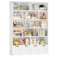 FOREHILL Kids Toy Storage Unit Kids Bookcase Childrens Bookshelf Tall Living Room Bookcase, 12 Open Compartments, 4 Drawers with Wheels, for Nursery Playroom White 125.5x33x175cm