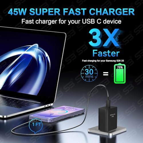 Image of SB 45W Fast Charger Type C to C Cable, PD 3.0 Super Fast Charging 2.0 Compatible for Samsung Galaxy S24 Ultra S23 S22 Plus A Series, USB C Wall Charger Adapter with Cable