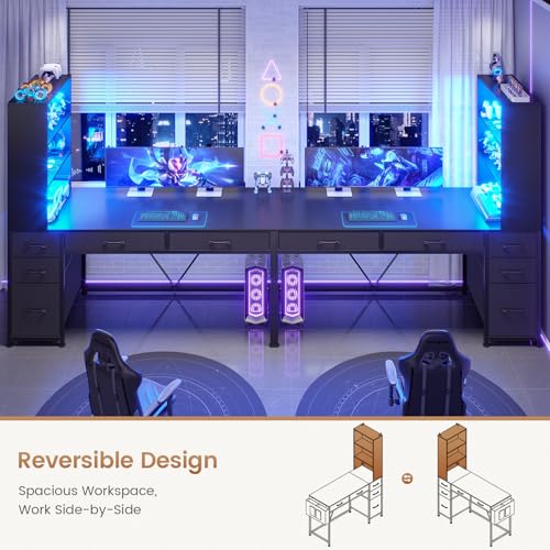 Image of SEDETA Computer Gaming Desk with 5 Drawers and Bookshelf, Reversible Home Office Desk with Storage Shelves and File Drawer, Corner Desk with LED Lights for Small Spaces, Black