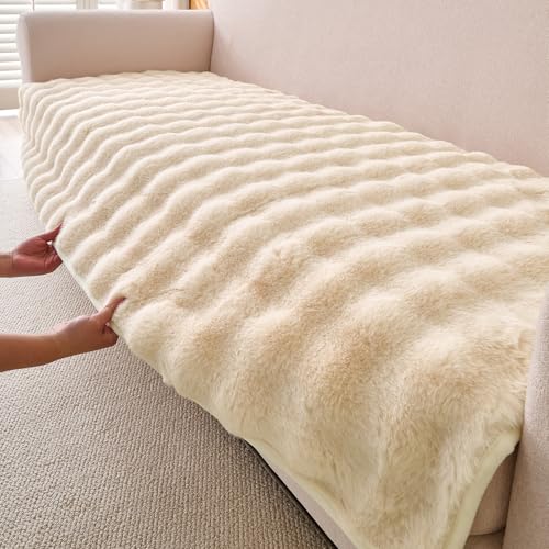 Image of HOKIPO 'FurHug' 3 Seater and 2 Seater Luxury Faux Rabbit Fur Sofa Cover Mat, Beige (AR-5013-5)