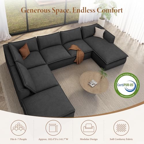 Image of Vesgantti 141.7 inch Oversized Boneless Sectional Couch, Modern 7 Seater Modular Sofa with Chaise & Ottoman, Deep Seat Convertible Corduroy Cloud Couches for Living Room, No Assembly Required, Black