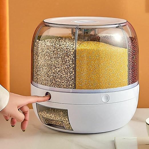 Rotating Rice and Grain Dispenser with Lid for Kitchen – Modular Storage Container for Dry Food, Dal, Cereal, Flour – Plastic Pantry Organizer Jar Dabba for Home, Pulses Box for Kitchen Use