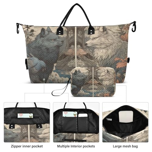 Large Travel Duffel Bag, Two Fox Sports Tote Gym Bag, Shoulder Weekender Overnight Bag for Women Men, Carry On Luggage with Toiletry Bags2