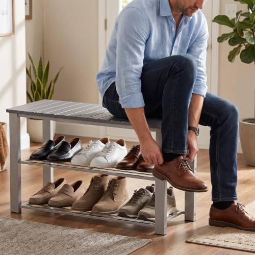 Image of Simple Houseware Wood Top Shoe Storage Bench for Entryway, Grey