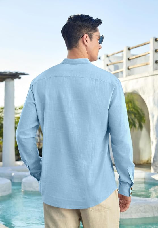 Image of Macsivo Cotton Blend Solid Casual Short Kurta for Men Long Sleeve Mandarin Collar Stylish Shirt Kurta for Men